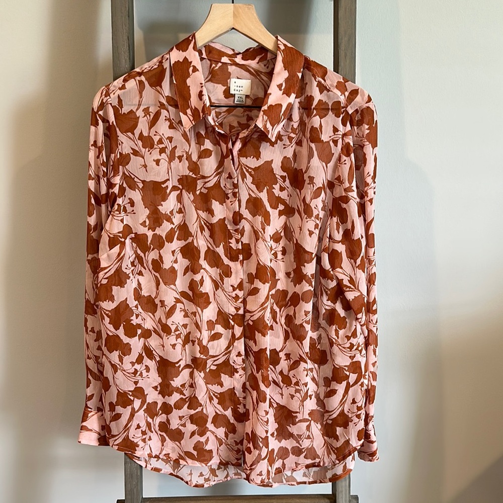 A New Day Pink and Brown Blouse Lightweight Floral Design